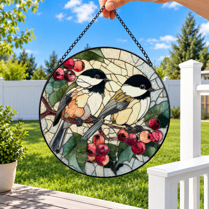 Two Chickadees on Blossom Branch round stained glass window hanging – second gallery view