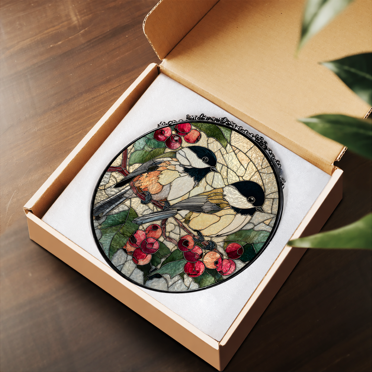 Two Chickadees on Blossom Branch stained glass suncatcher – flat printed artwork design