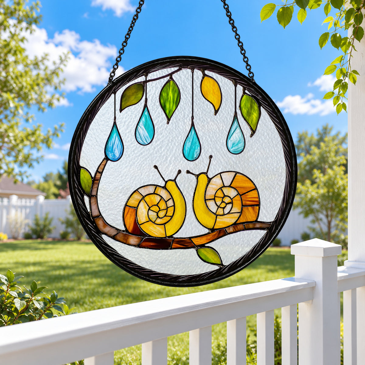 Two Garden Snails and Raindrops stained glass suncatcher window hanging – front design view