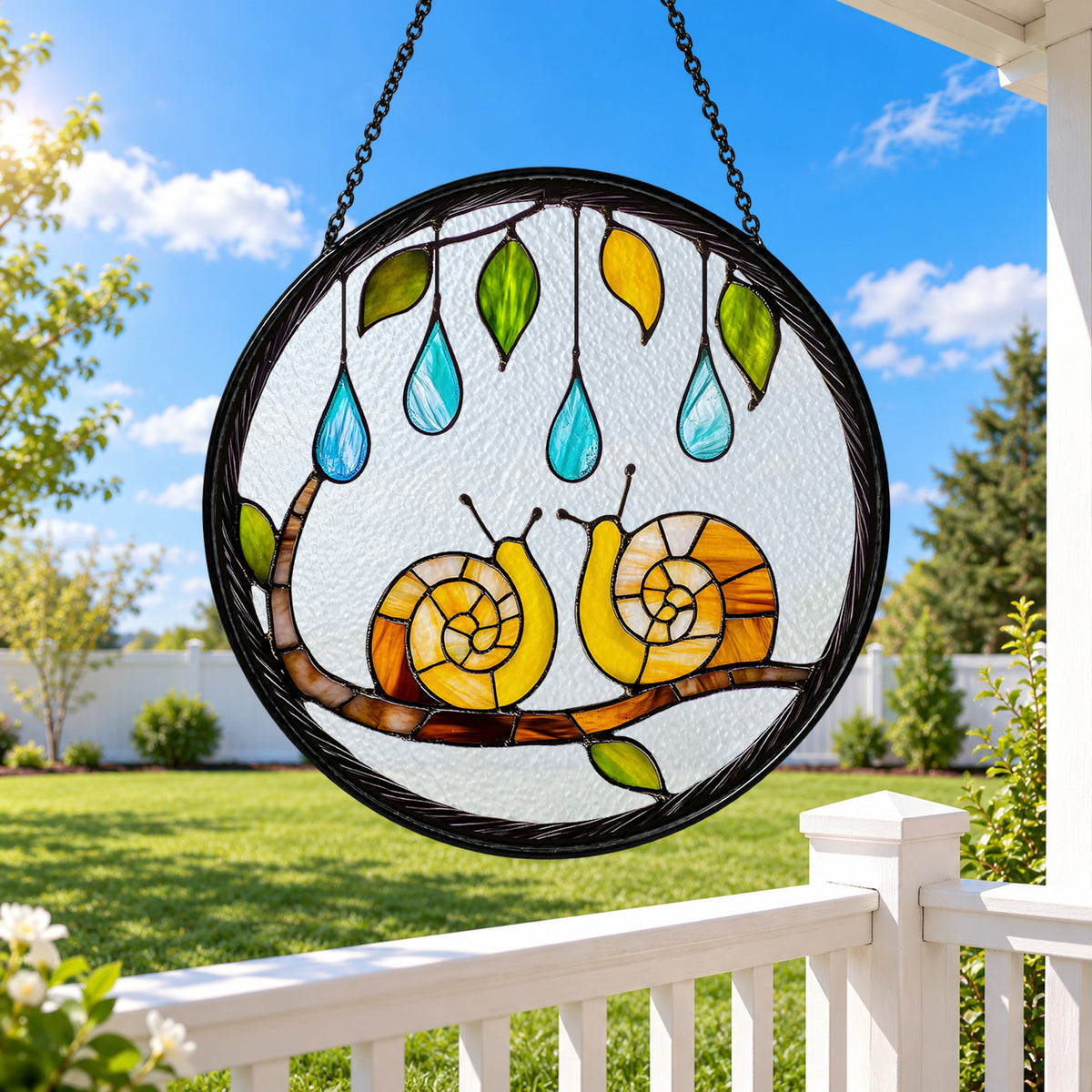 Two Garden Snails and Raindrops stained glass window suncatcher – third gallery view