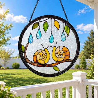 Two Garden Snails and Raindrops stained glass window suncatcher – third gallery view