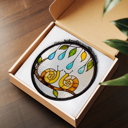 Two Garden Snails and Raindrops stained glass suncatcher – flat printed artwork design