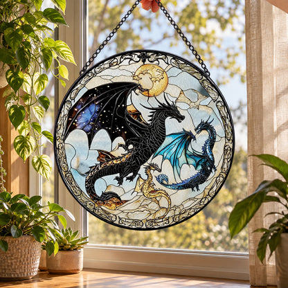 Two Mythical Dragons in Moonlight stained glass suncatcher window hanging – front design view