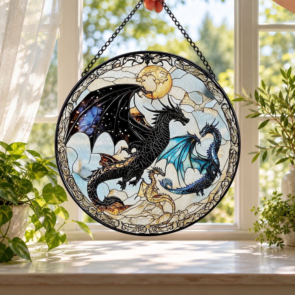 Two Mythical Dragons in Moonlight stained glass window suncatcher – third gallery view