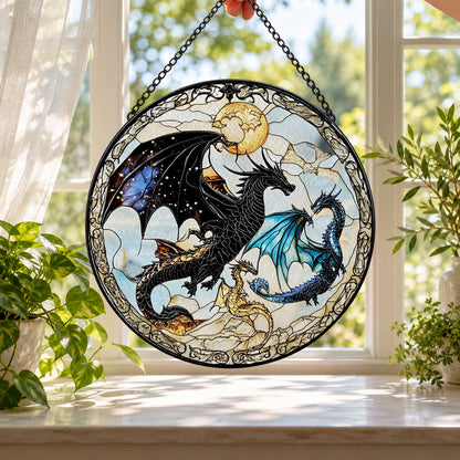 Two Mythical Dragons in Moonlight stained glass window suncatcher – third gallery view