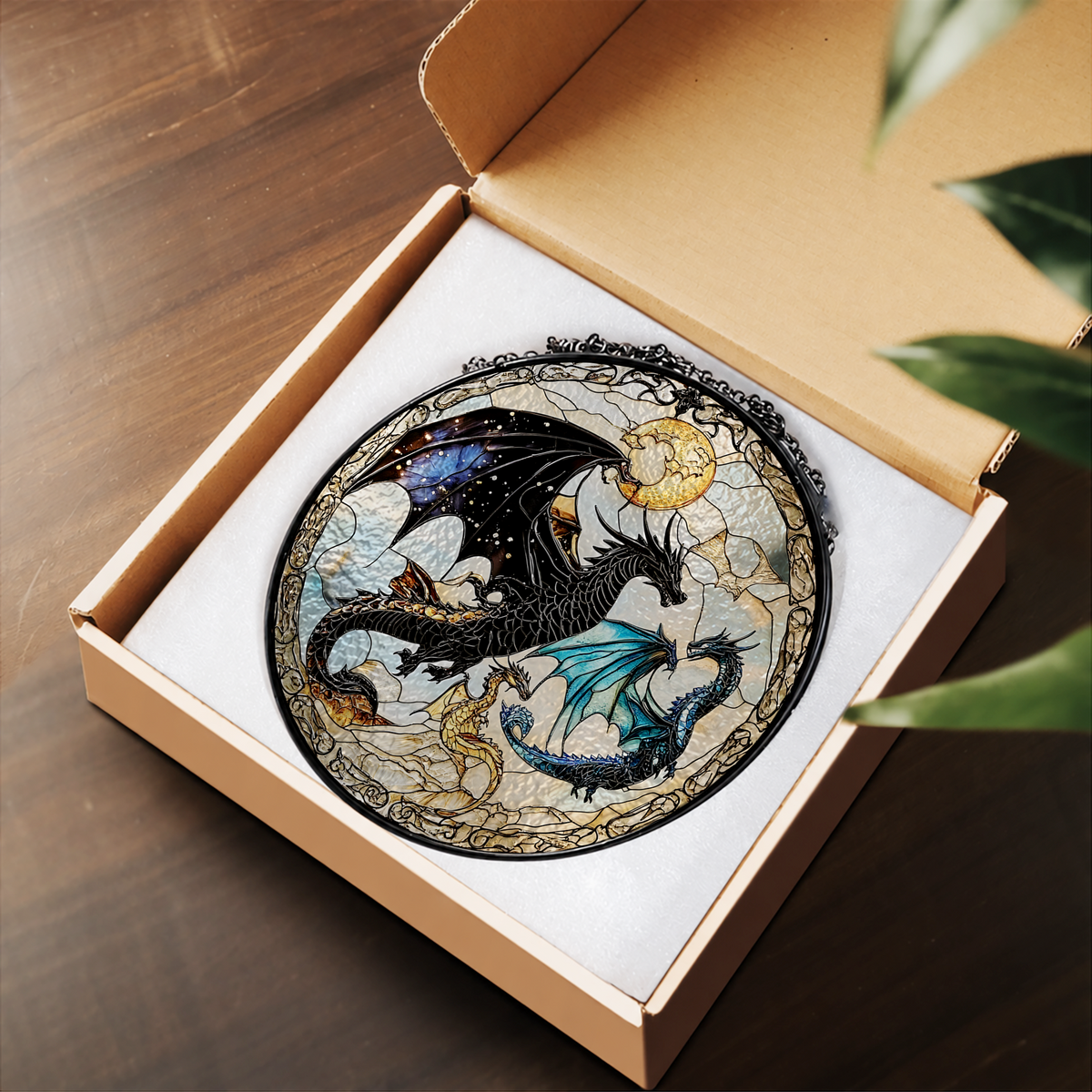 Two Mythical Dragons in Moonlight stained glass suncatcher – flat printed artwork design