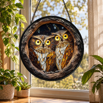 Two Owls in Hollow Tree stained glass suncatcher window hanging – front design view