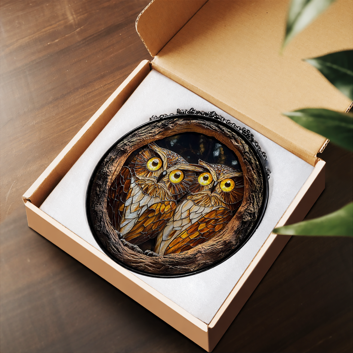 Two Owls in Hollow Tree stained glass suncatcher – flat printed artwork design