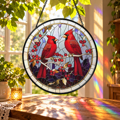 Two Red Cardinals in Winter Branches stained glass suncatcher window hanging – front design view