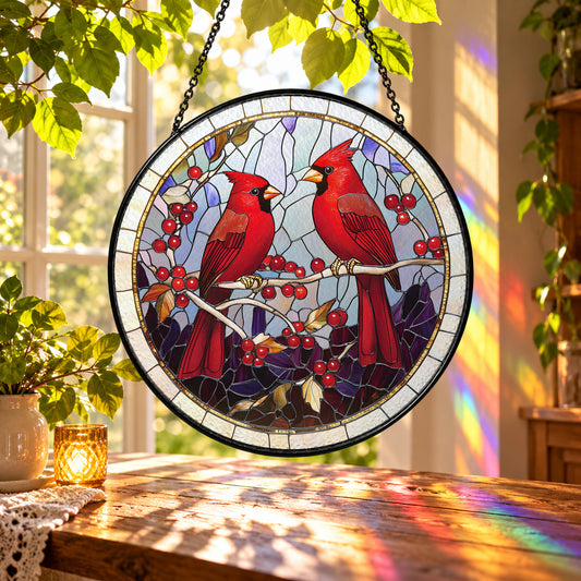 Two Red Cardinals in Winter Branches stained glass suncatcher window hanging – front design view