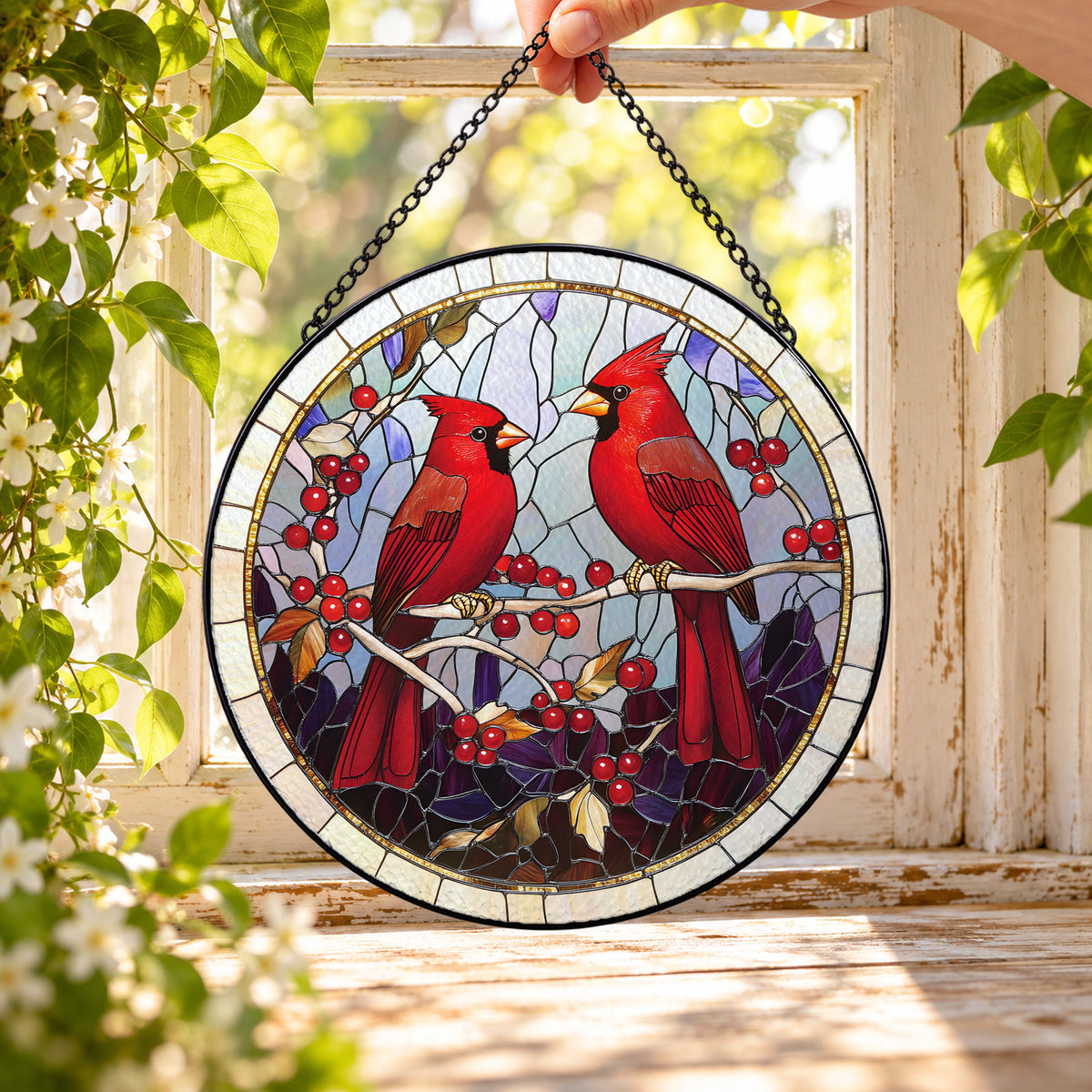 Two Red Cardinals in Winter Branches round stained glass window hanging – second gallery view