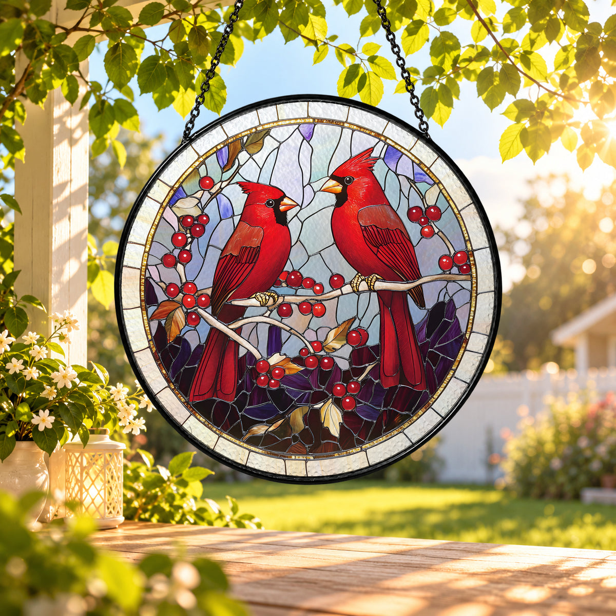 Two Red Cardinals in Winter Branches stained glass window suncatcher – third gallery view