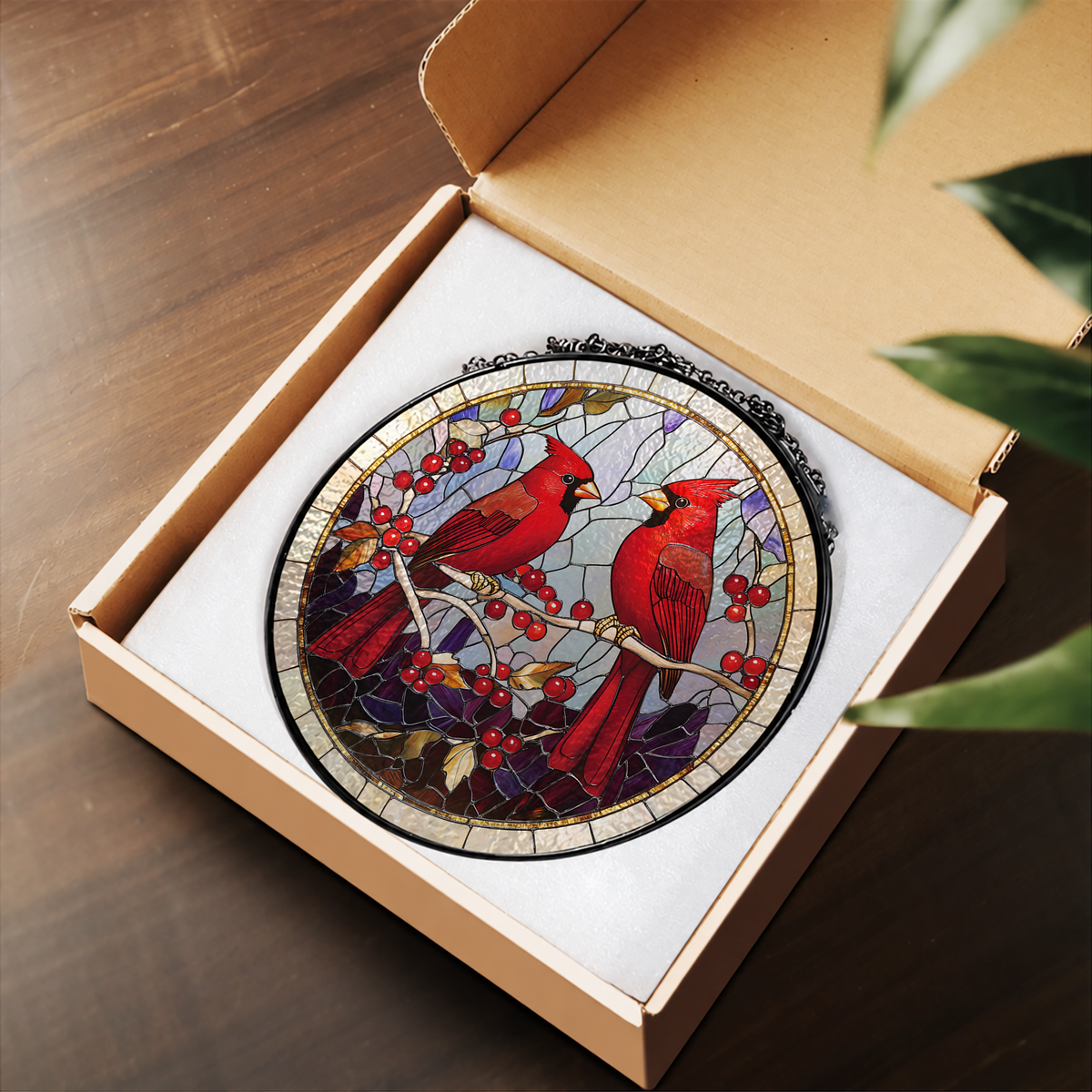 Two Red Cardinals in Winter Branches stained glass suncatcher – flat printed artwork design