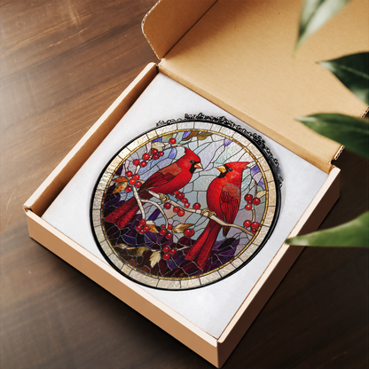 Two Red Cardinals in Winter Branches stained glass suncatcher – flat printed artwork design