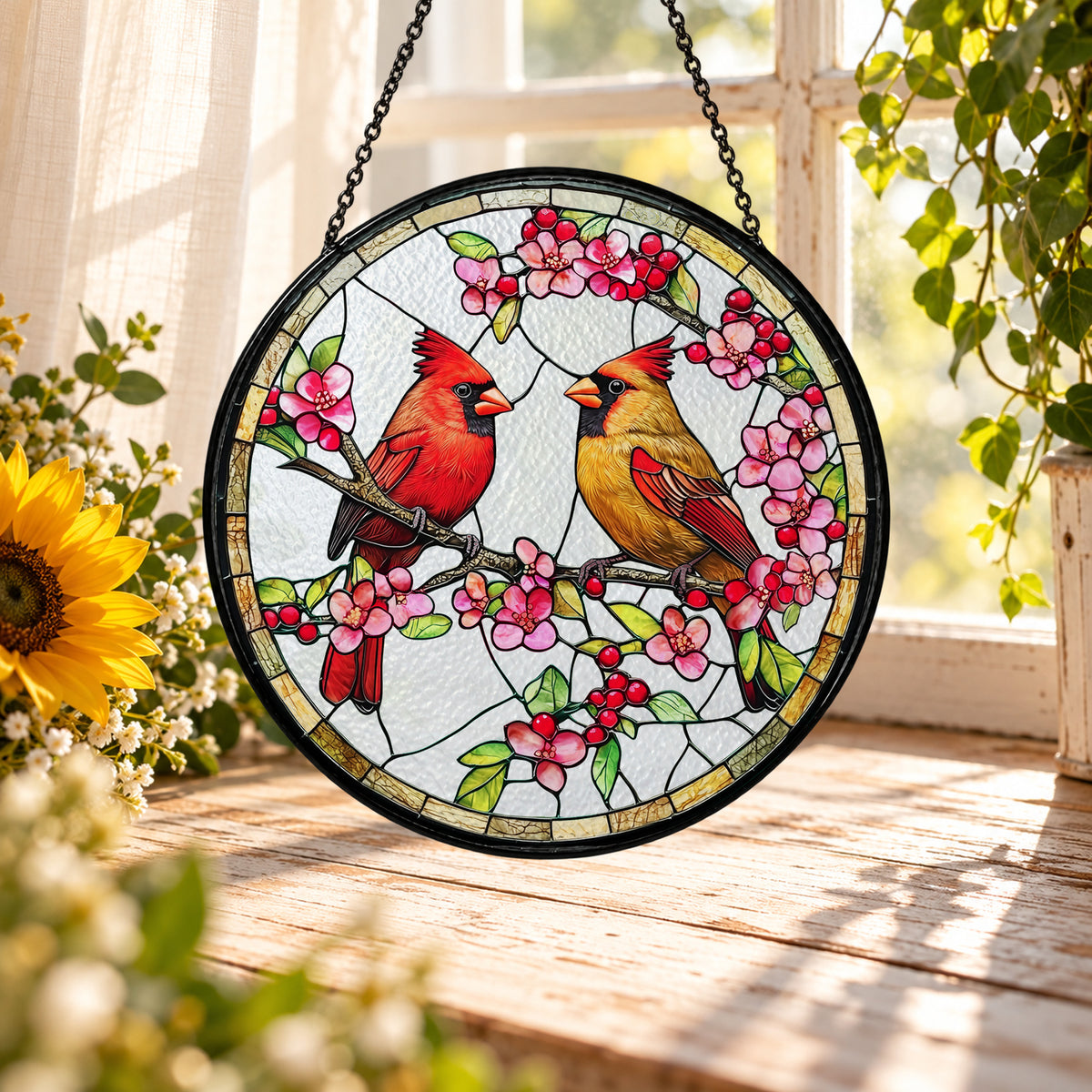 Two Red Cardinals on Pink Blossoms stained glass suncatcher window hanging – front design view