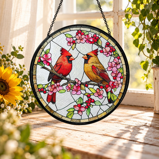 Two Red Cardinals on Pink Blossoms stained glass suncatcher window hanging – front design view