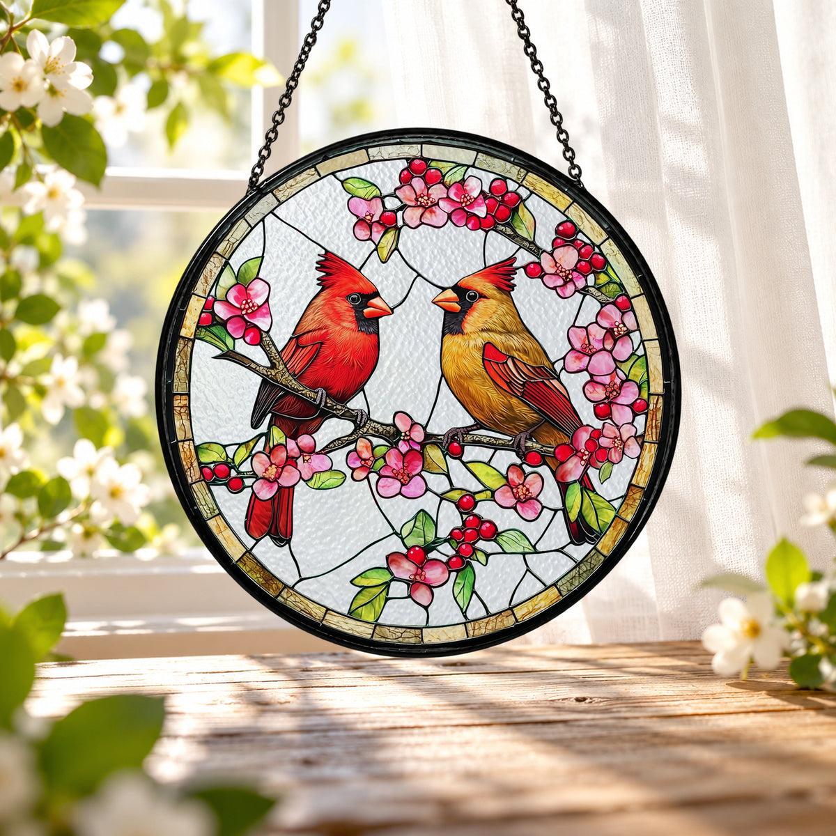 Two Red Cardinals on Pink Blossoms stained glass window suncatcher – third gallery view