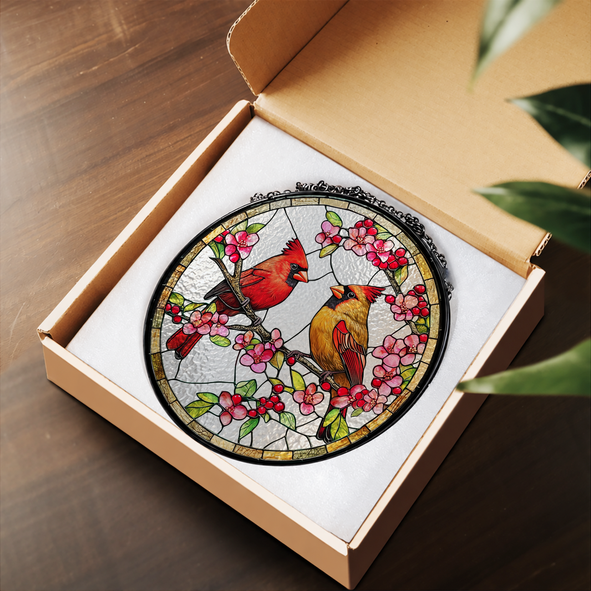 Two Red Cardinals on Pink Blossoms stained glass suncatcher – flat printed artwork design