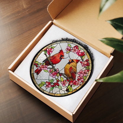 Two Red Cardinals on Pink Blossoms stained glass suncatcher – flat printed artwork design