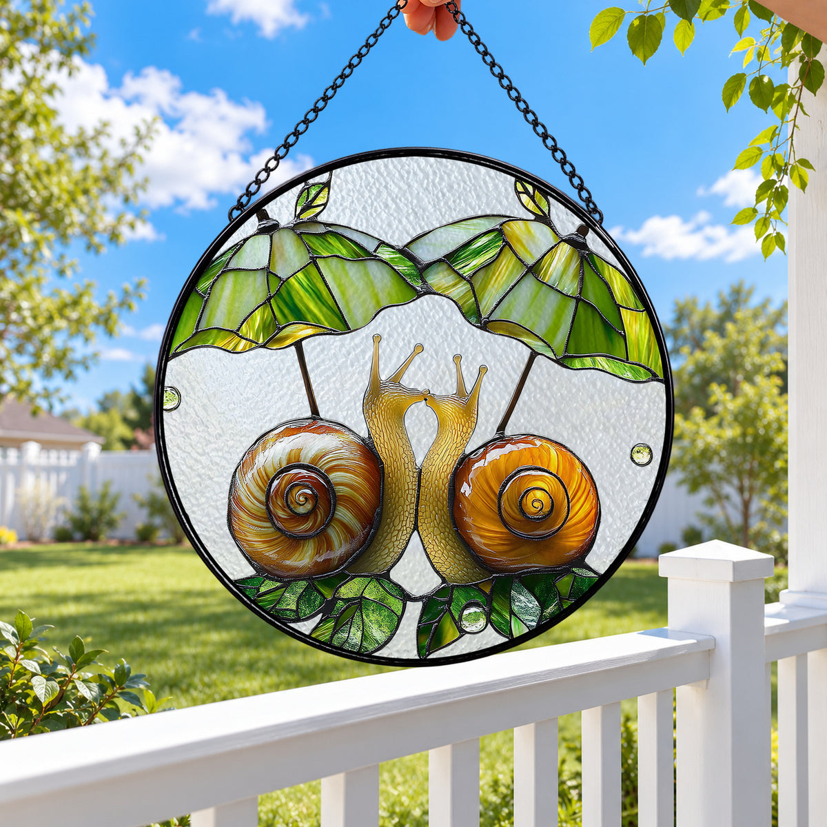 Two Snails on Green Branch round stained glass window hanging – second gallery view