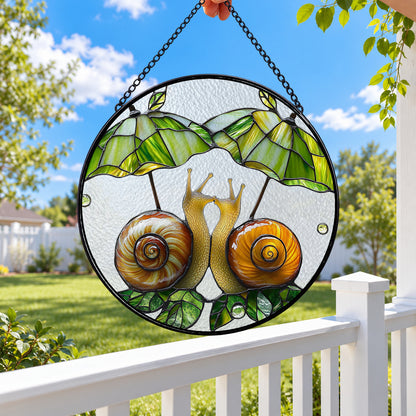Two Snails on Green Branch round stained glass window hanging – second gallery view