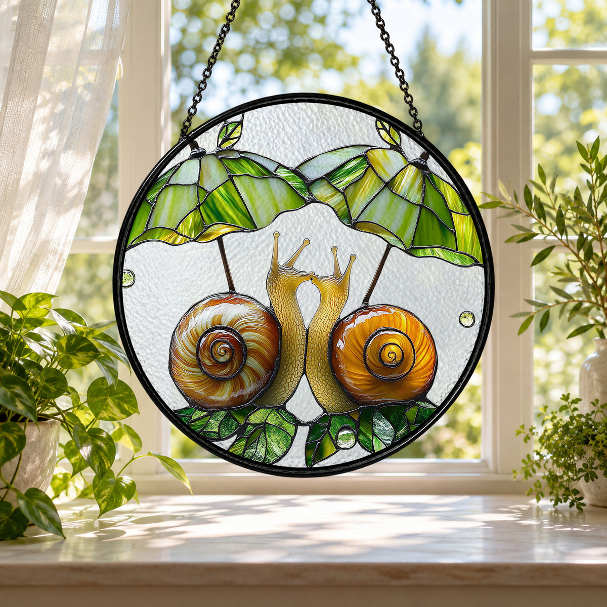Two Snails on Green Branch stained glass window suncatcher – third gallery view