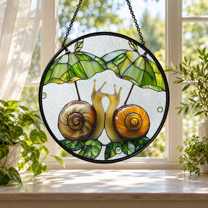 Two Snails on Green Branch stained glass window suncatcher – third gallery view
