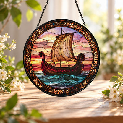 Viking Longship across Sunset Sea stained glass window suncatcher – third gallery view