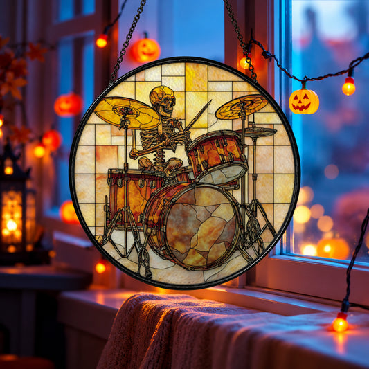 Vintage Drum Set in Golden Light stained glass suncatcher window hanging – front design view