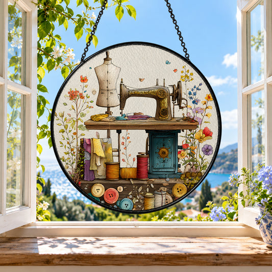 Vintage Sewing Machine with Flowers stained glass suncatcher window hanging – front design view