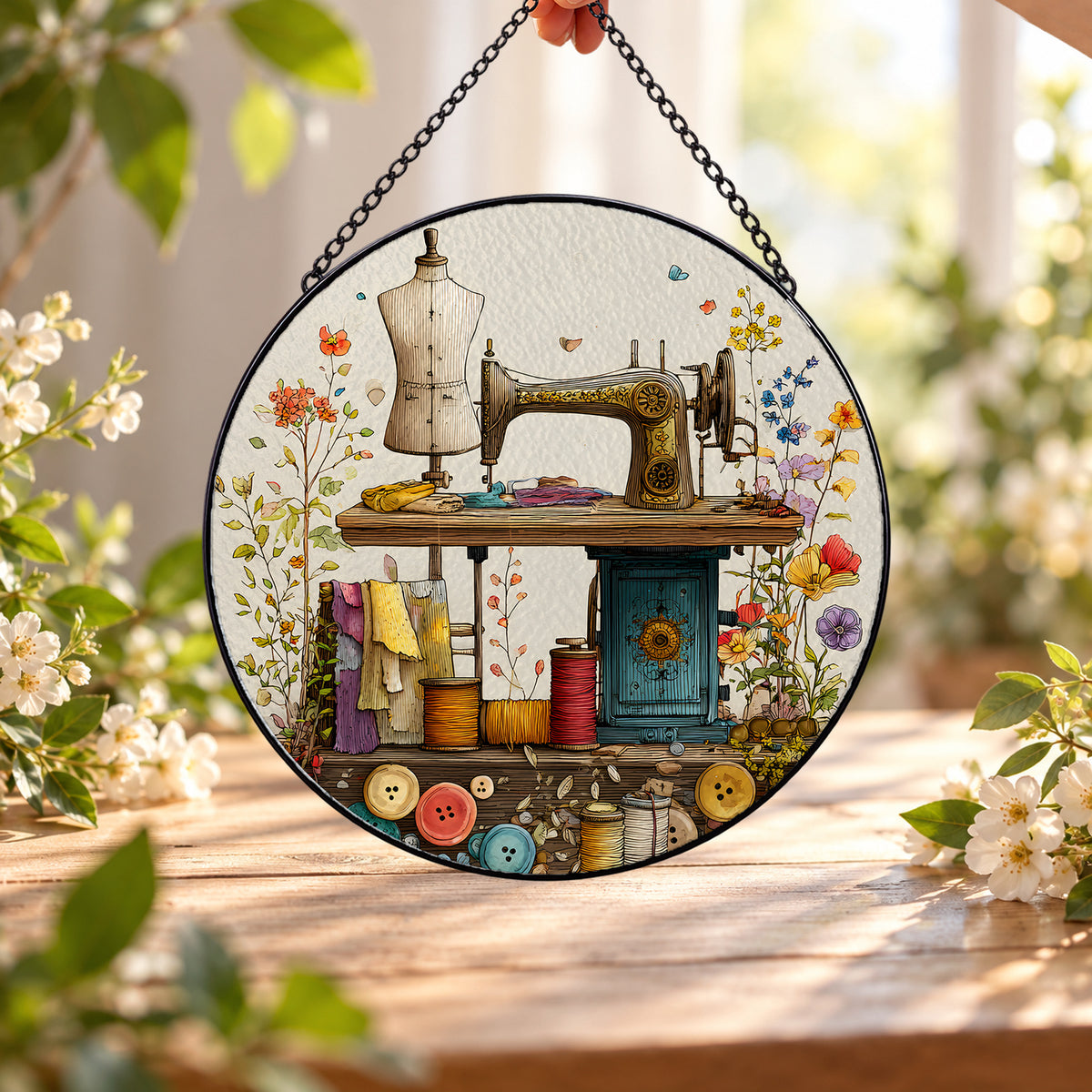Vintage Sewing Machine with Flowers round stained glass window hanging – second gallery view