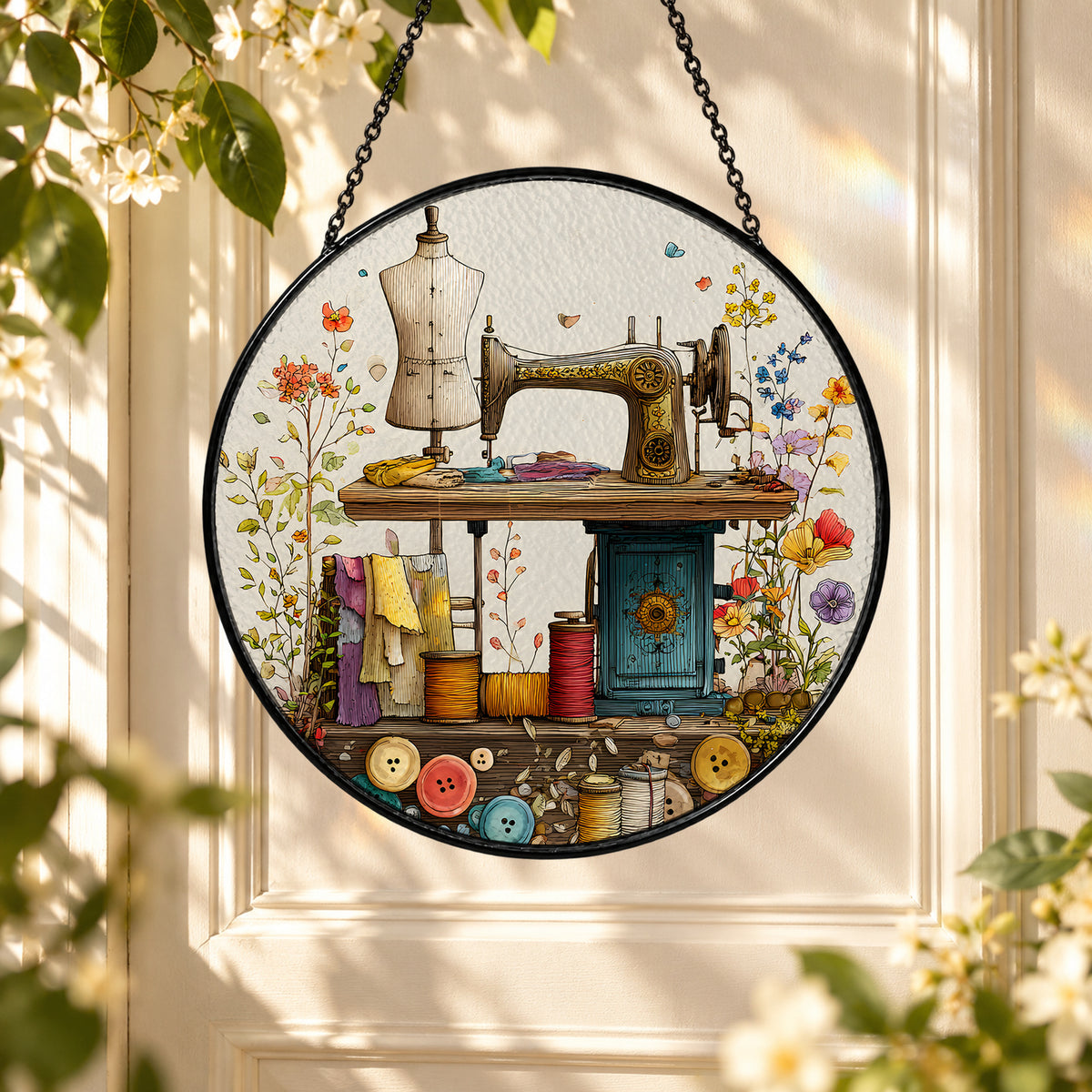 Vintage Sewing Machine with Flowers stained glass window suncatcher – third gallery view