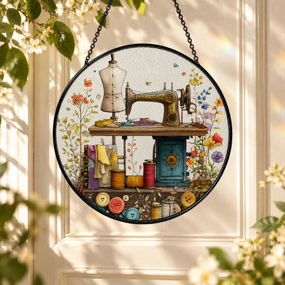 Vintage Sewing Machine with Flowers stained glass window suncatcher – third gallery view