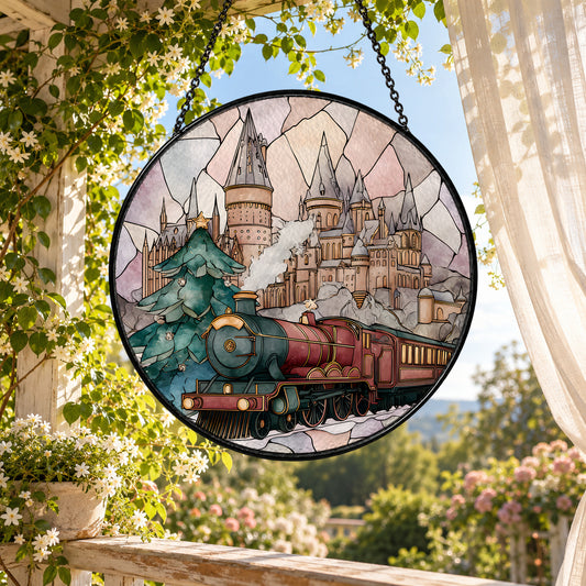 Vintage Train below Fairytale Castle stained glass suncatcher window hanging – front design view