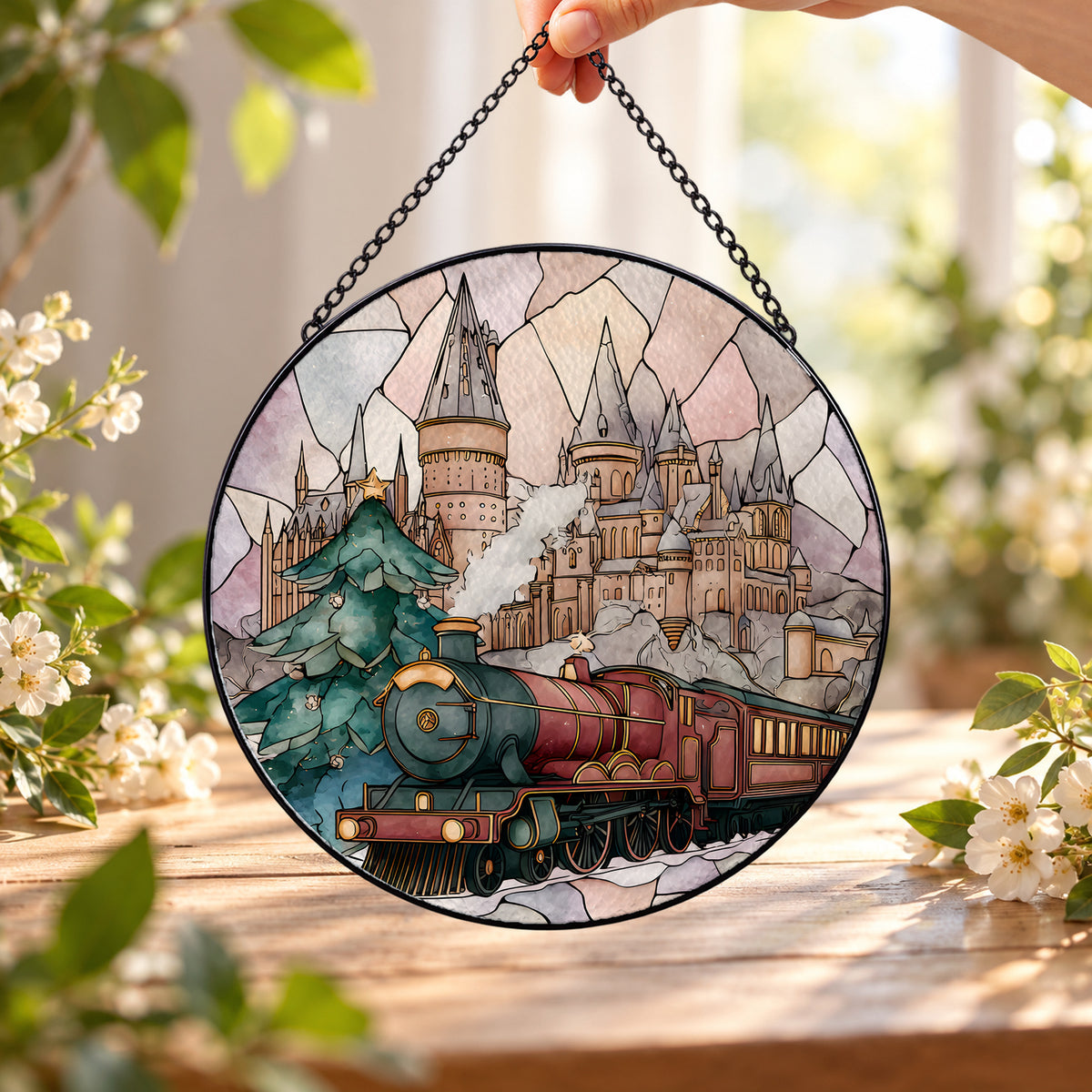 Vintage Train below Fairytale Castle round stained glass window hanging – second gallery view