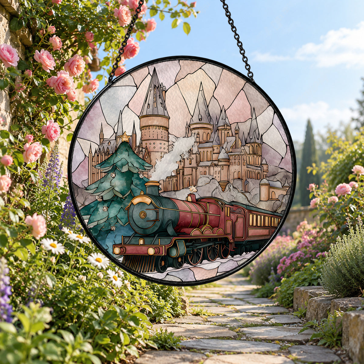 Vintage Train below Fairytale Castle stained glass window suncatcher – third gallery view