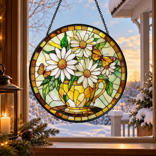 White Daisies with Warm Golden Border stained glass suncatcher window hanging – front design view