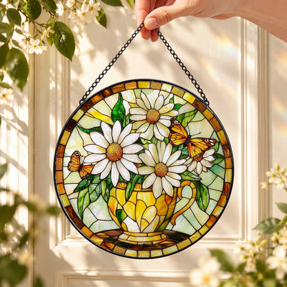 White Daisies with Warm Golden Border round stained glass window hanging – second gallery view