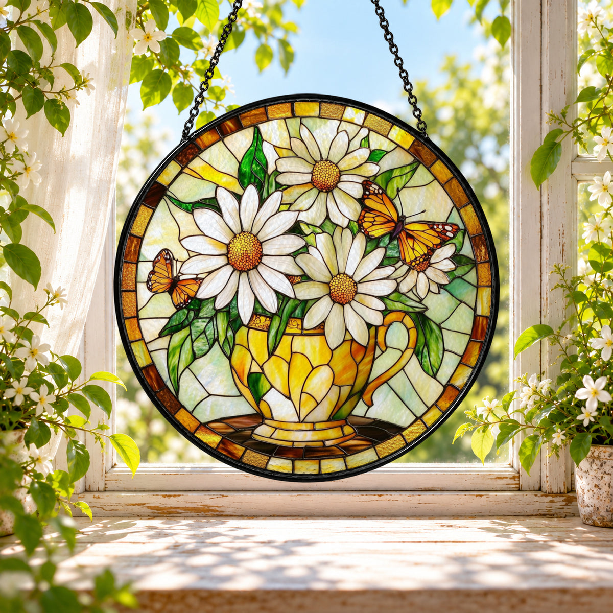 White Daisies with Warm Golden Border stained glass window suncatcher – third gallery view