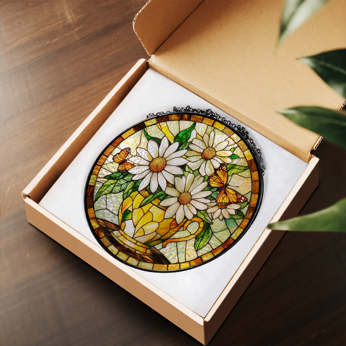 White Daisies with Warm Golden Border stained glass suncatcher – flat printed artwork design