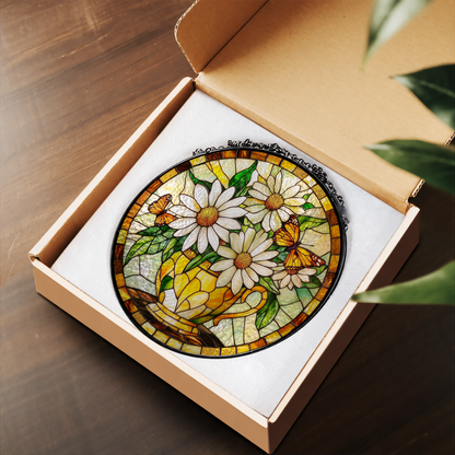 White Daisies with Warm Golden Border stained glass suncatcher – flat printed artwork design