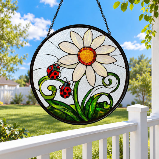 White Daisy and Red Ladybugs stained glass suncatcher window hanging – front design view