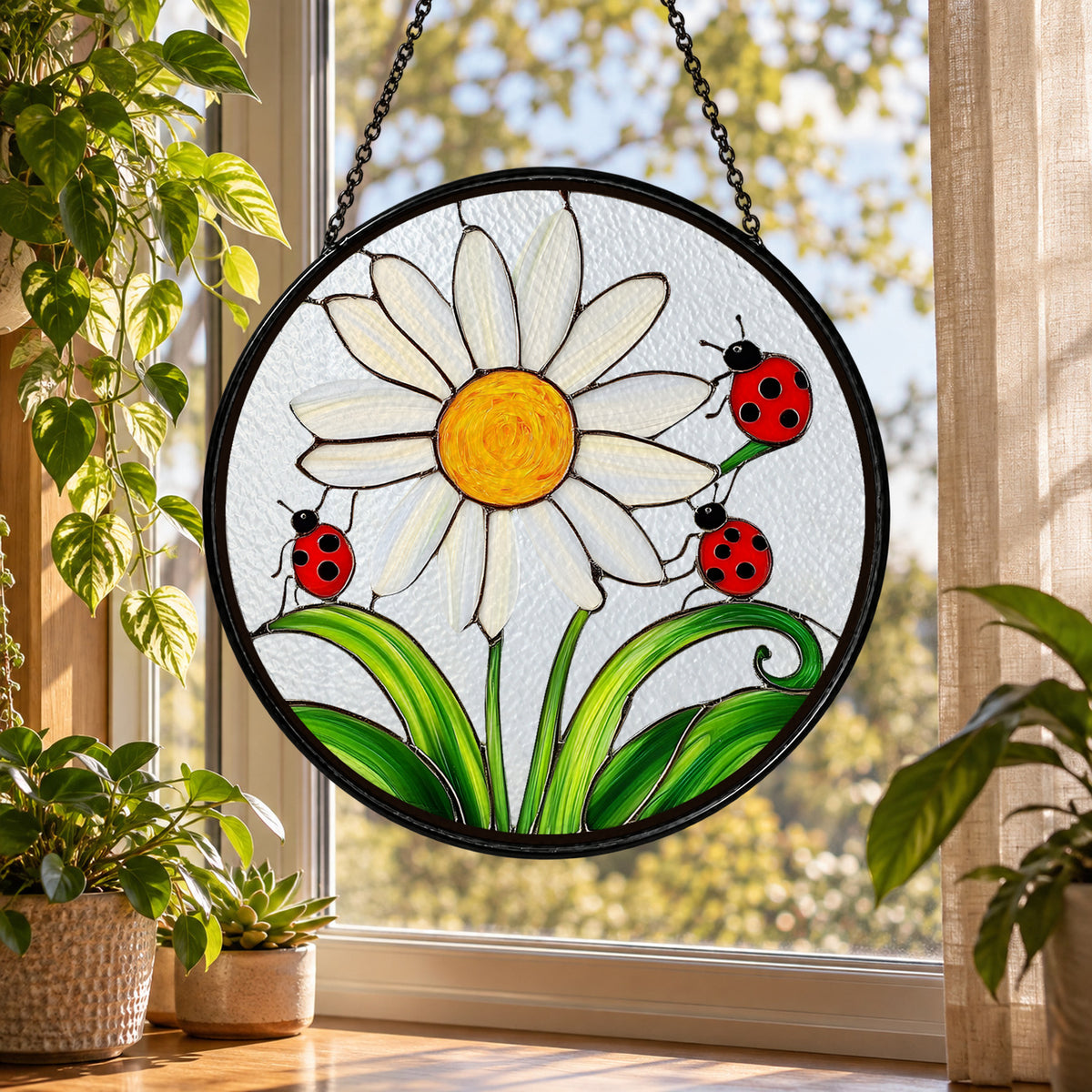 White Daisy with Ladybugs stained glass suncatcher window hanging – front design view