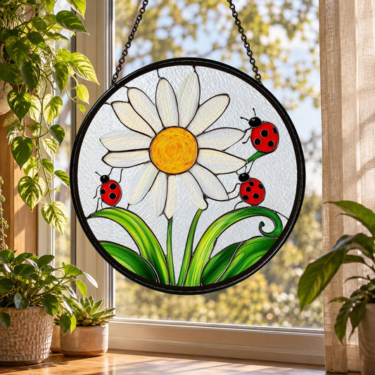 White Daisy with Ladybugs stained glass suncatcher window hanging – front design view