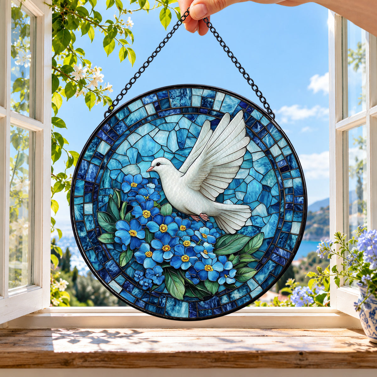 White Dove amid Blue Flowers round stained glass window hanging – second gallery view