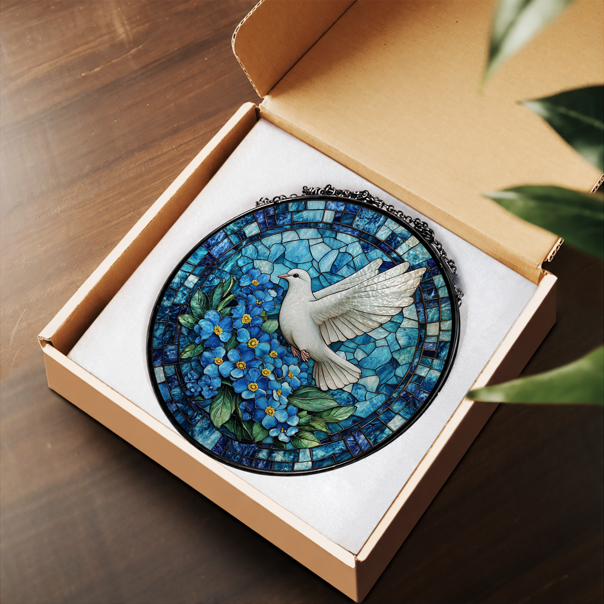 White Dove amid Blue Flowers stained glass suncatcher – flat printed artwork design