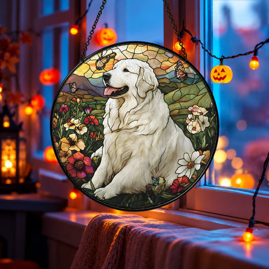 White Great Pyrenees Dog with Flowers stained glass suncatcher window hanging – front design view
