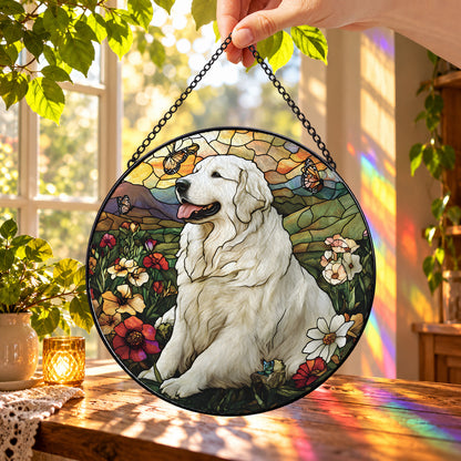 White Great Pyrenees Dog with Flowers round stained glass window hanging – second gallery view
