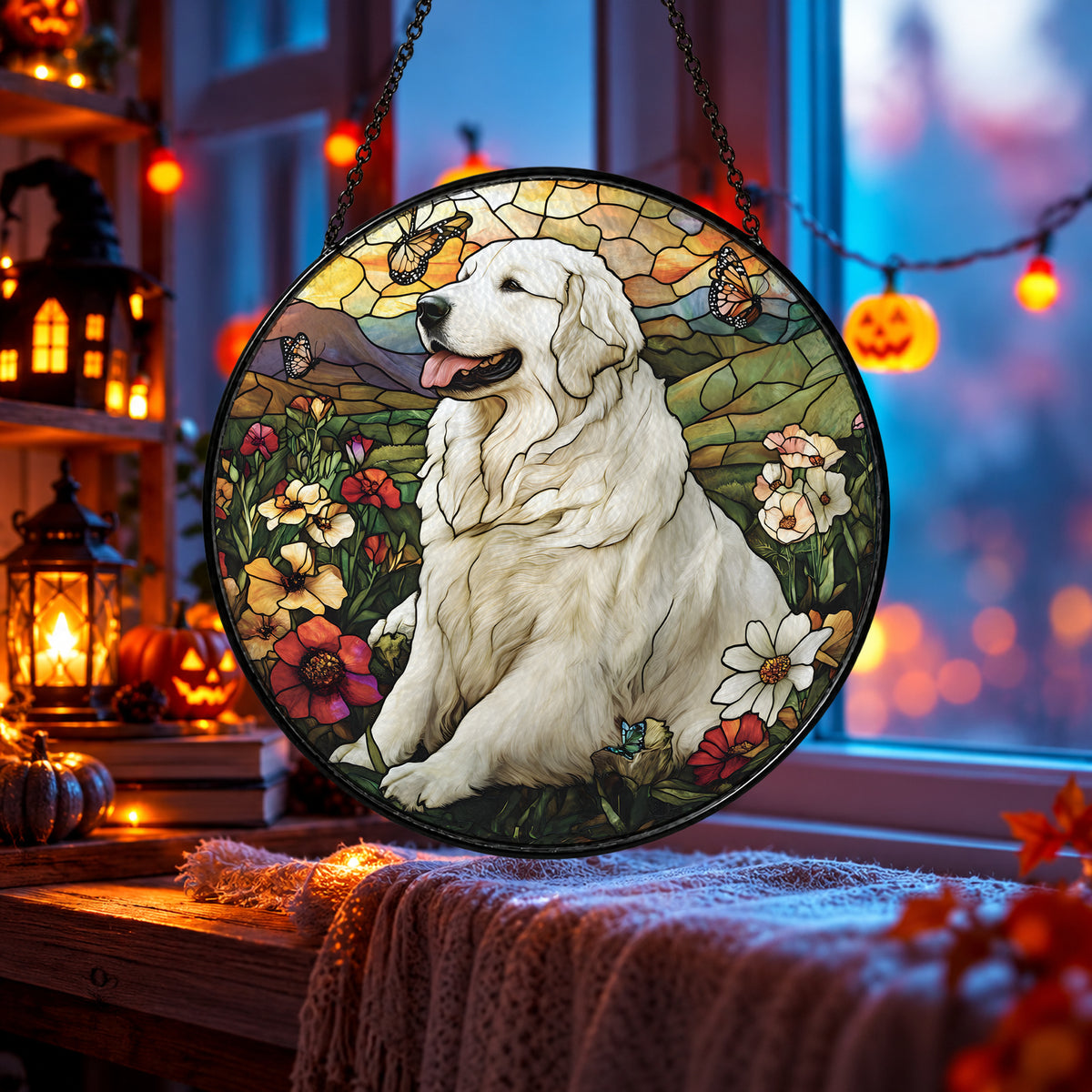 White Great Pyrenees Dog with Flowers stained glass window suncatcher – third gallery view