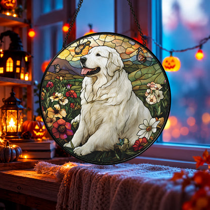 White Great Pyrenees Dog with Flowers stained glass window suncatcher – third gallery view